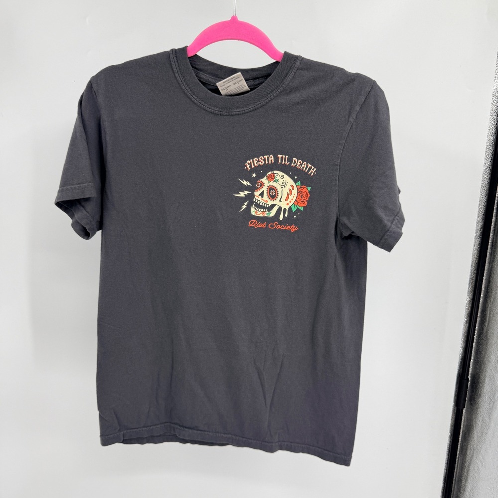 Riot‎ Society Fiesta Til Death Sugar Skull Graphic Tee Charcoal Grey Mens Small